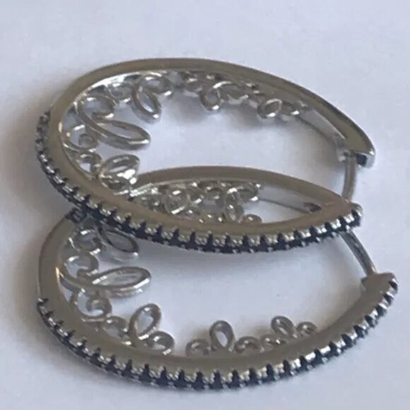 Filigree Silver Black Spinel Sim Channel Set Vintage Style Hoop Earrings NWT - Picture 6 of 6